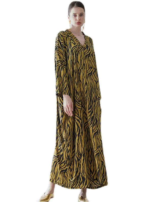 Yellow V Neck Print Patchwork Silk Robe Dresses Fall