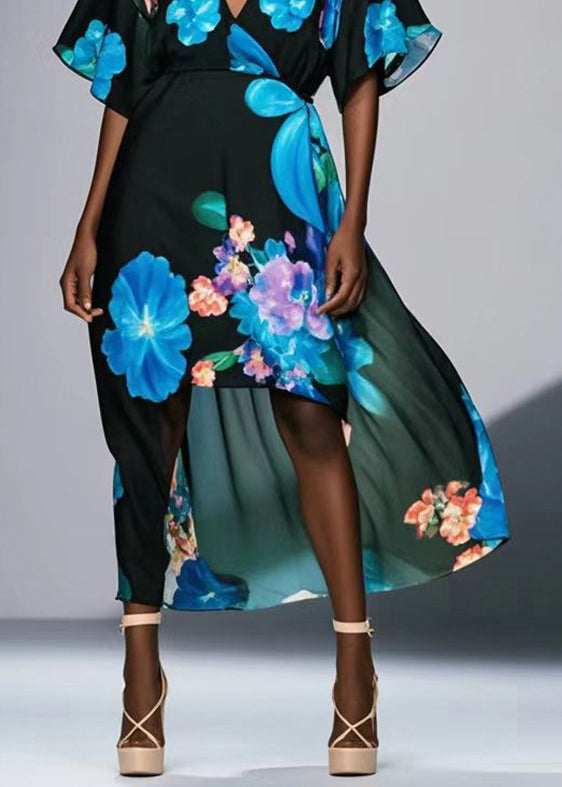 Black V Neck Print Chiffon Long Dresses Summer