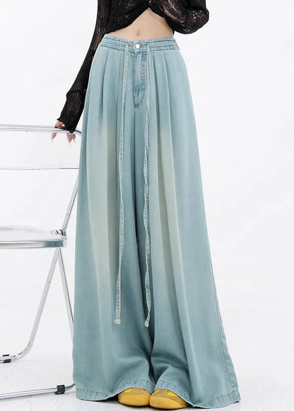 French Blue Lace Up Pockets Denim Wide Leg Pants Spring