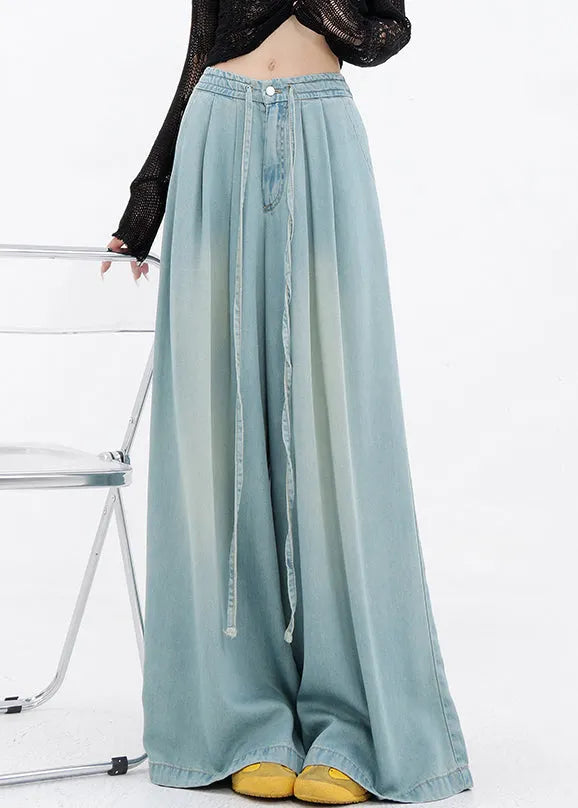 French Blue Lace Up Pockets Denim Wide Leg Pants Spring