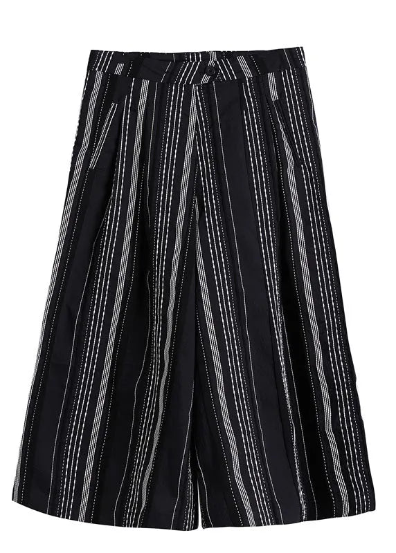Black Striped Cotton Wide Leg Pants Spring