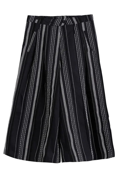 Black Striped Cotton Wide Leg Pants Spring