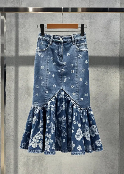 Blue Print Silm Fit Denim Wraped Skirts Fall