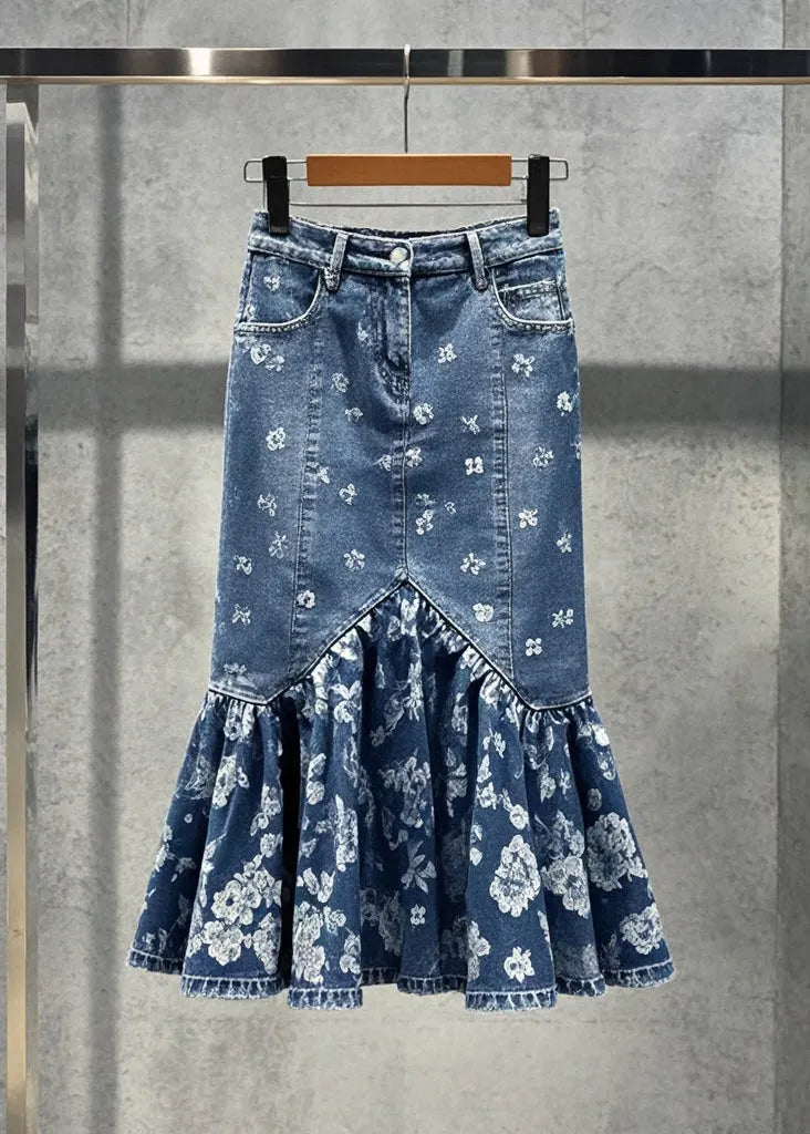 Blue Print Silm Fit Denim Wraped Skirts Fall