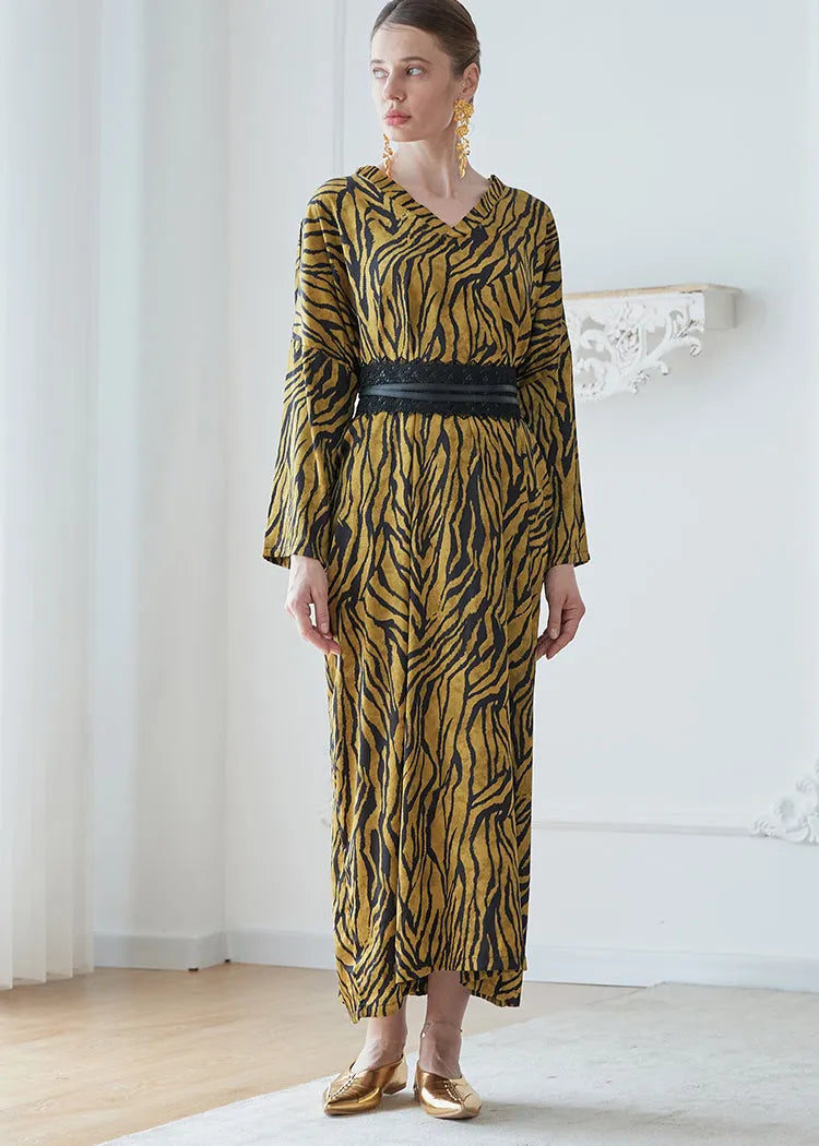 Yellow V Neck Print Patchwork Silk Robe Dresses Fall