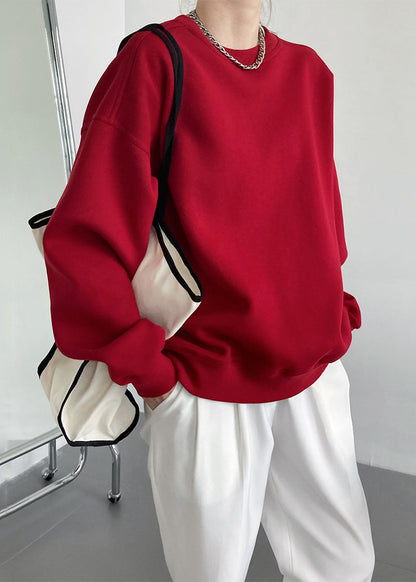 Loose Red O Neck Warm Fleece Sweatshirt Fall