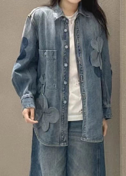 Blue Button Pockets Denim Coats Long Sleeve