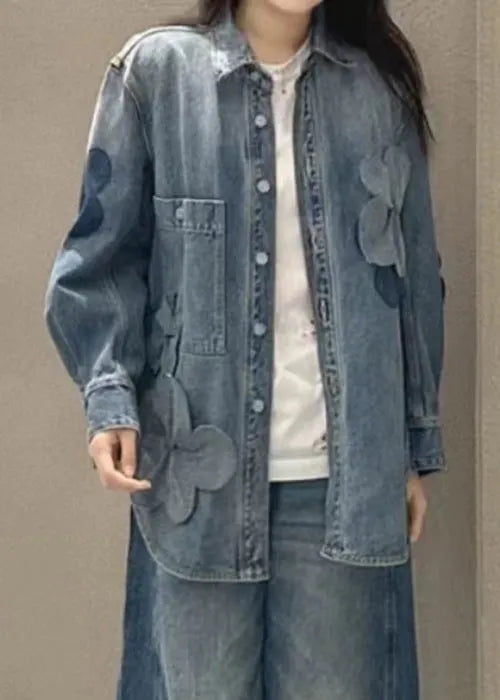 Blue Button Pockets Denim Coats Long Sleeve