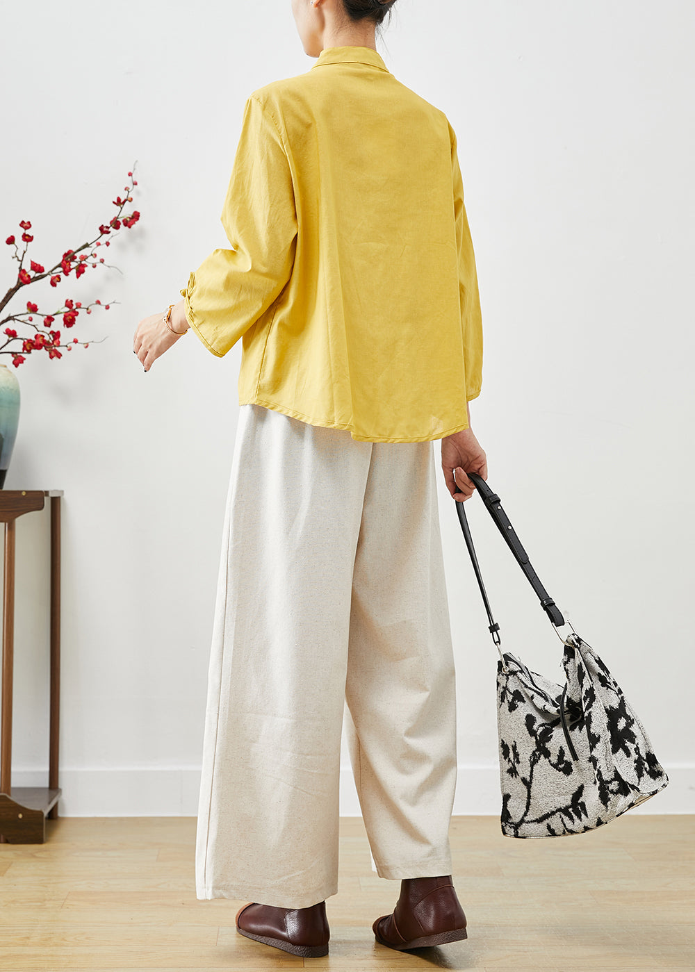 Yellow Stand Collar Chinese Button Cotton Two Pieces Set Fall