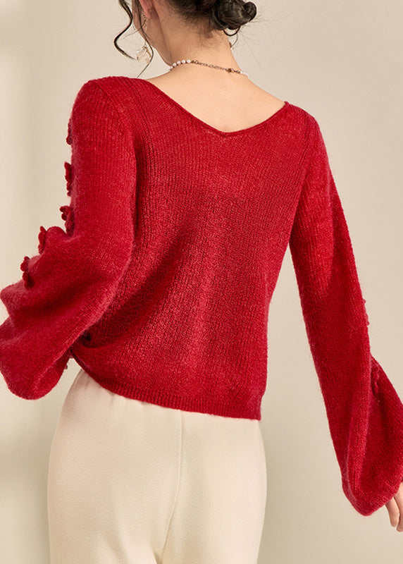 Style Red V Neck Drawstring Cotton Knit Sweater Lantern Sleeve Winter