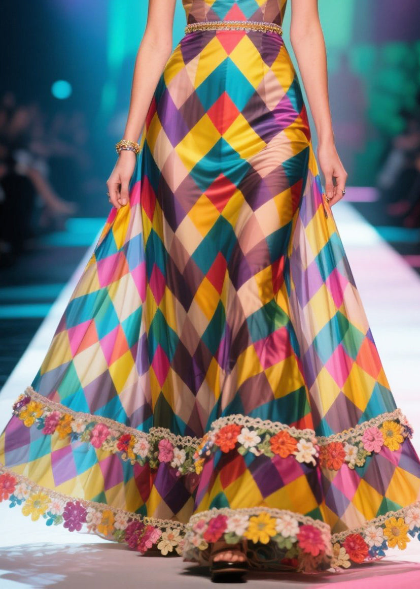 Multicolour Plaid Flower Decorated Chiffon Robe Dresses Summer