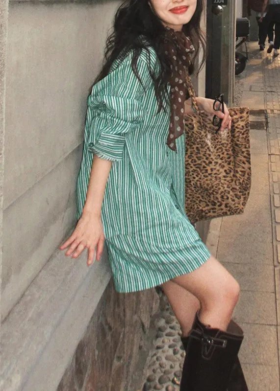 Green Peter Pan Collar Striped Shirts and Shorts Two Pieces Set Summer