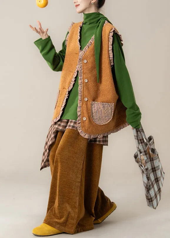 Plaid Orange Ruffled Wear on Both Sides Teddy Waistcoat and Pants Two Pieces Set Fall