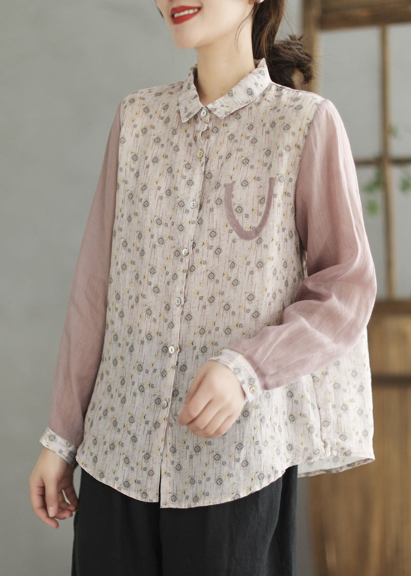 Blue Peter Pan Collar Print Linen Shirt Spring