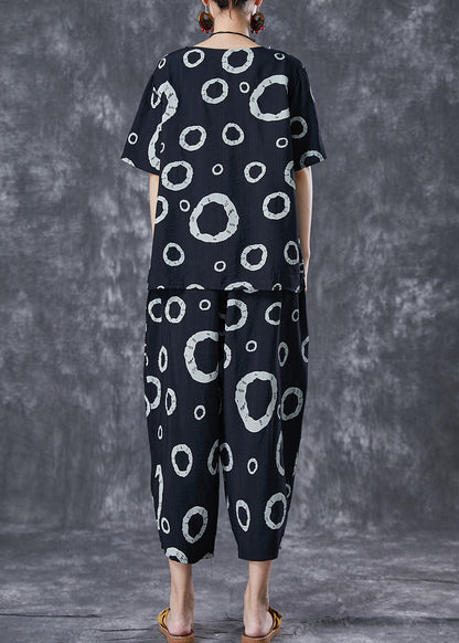 Black Print Cotton Tops and Pants Two Pieces Set Oversized Summer