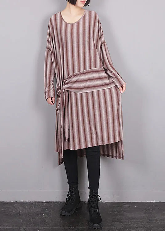 Red O-neck Asymmetrical Striped Low High Design Maxi Dress Fall