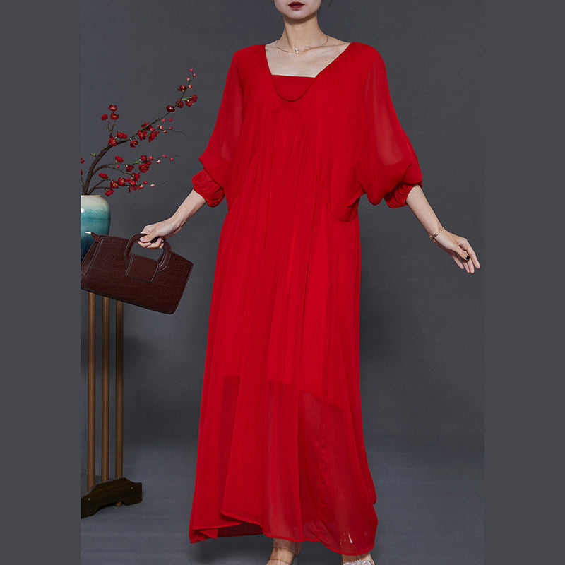 Italian Red Backless Chiffon Vestidos Long Dress Batwing Sleeve