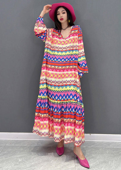 V Neck Print Silk Maxi Dress Long Sleeve