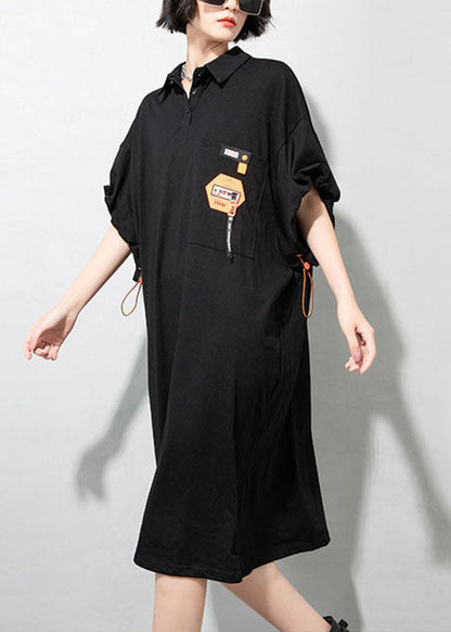 Simple Black Drawstring Pockets Peter Pan Collar Dresses Half Sleeve