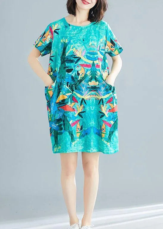 Green Print O-neck Pockets Summer Short Sleeve Party Dresses