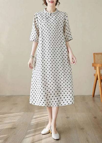 Boutique Stand Collar Dot Print Cotton Long Dress Summer