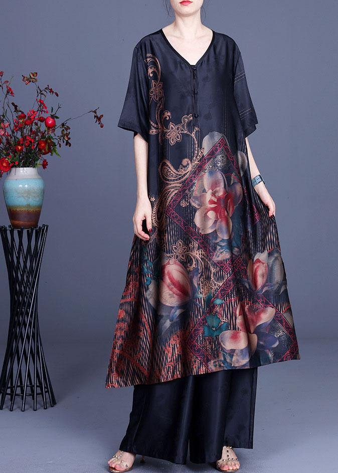 Green Print Patchwork Summer Silk Long Shirts + Wide Leg Two Pieces Set