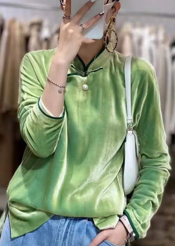 Pink Mandarin Collar Side Open Button Patchwork Velour Tops Long Sleeve
