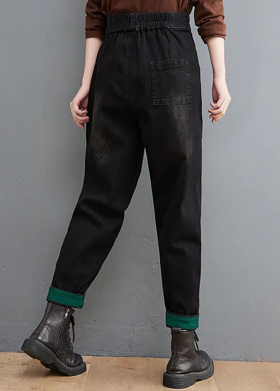 Style Black Pockets Patchwork Denim Pants Spring