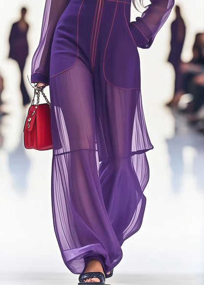 Purple Stand Collar Patchwork Tulle Jumpsuit Summer