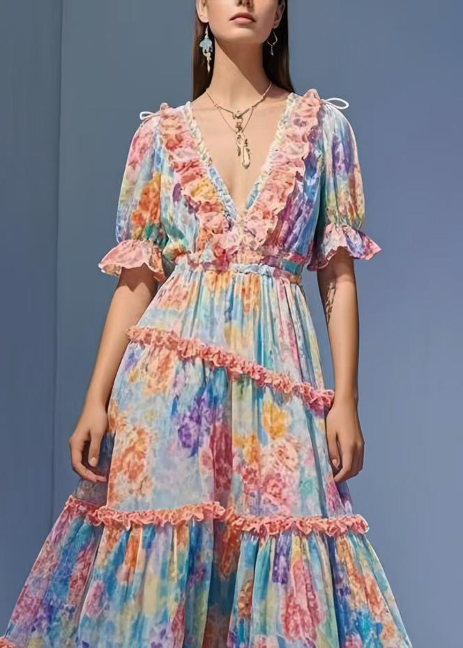 Flower Print Chiffon Party Dress Ruffled Exra Large Hem Summer