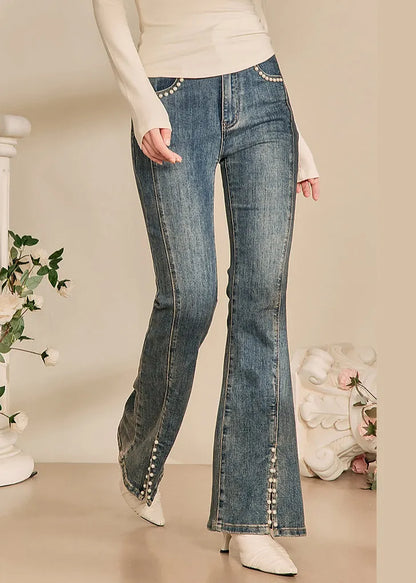 Modern Blue Pearl Front Open Denim Pants Spring