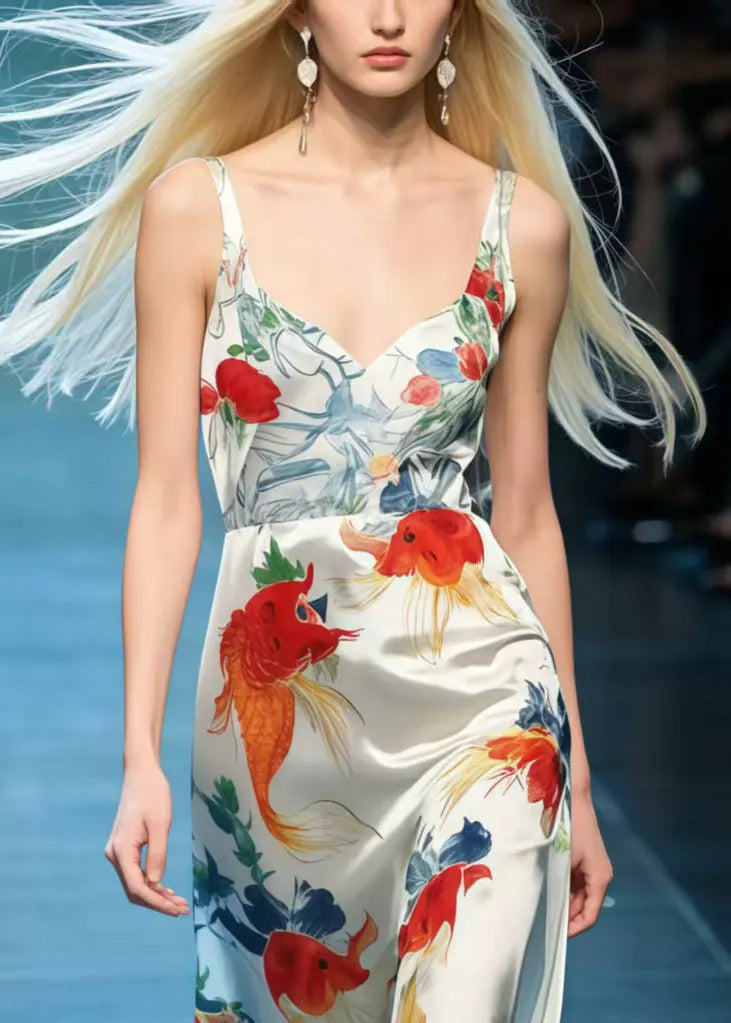 Koi Fish Print Draping Silk Cami Dresses Summer