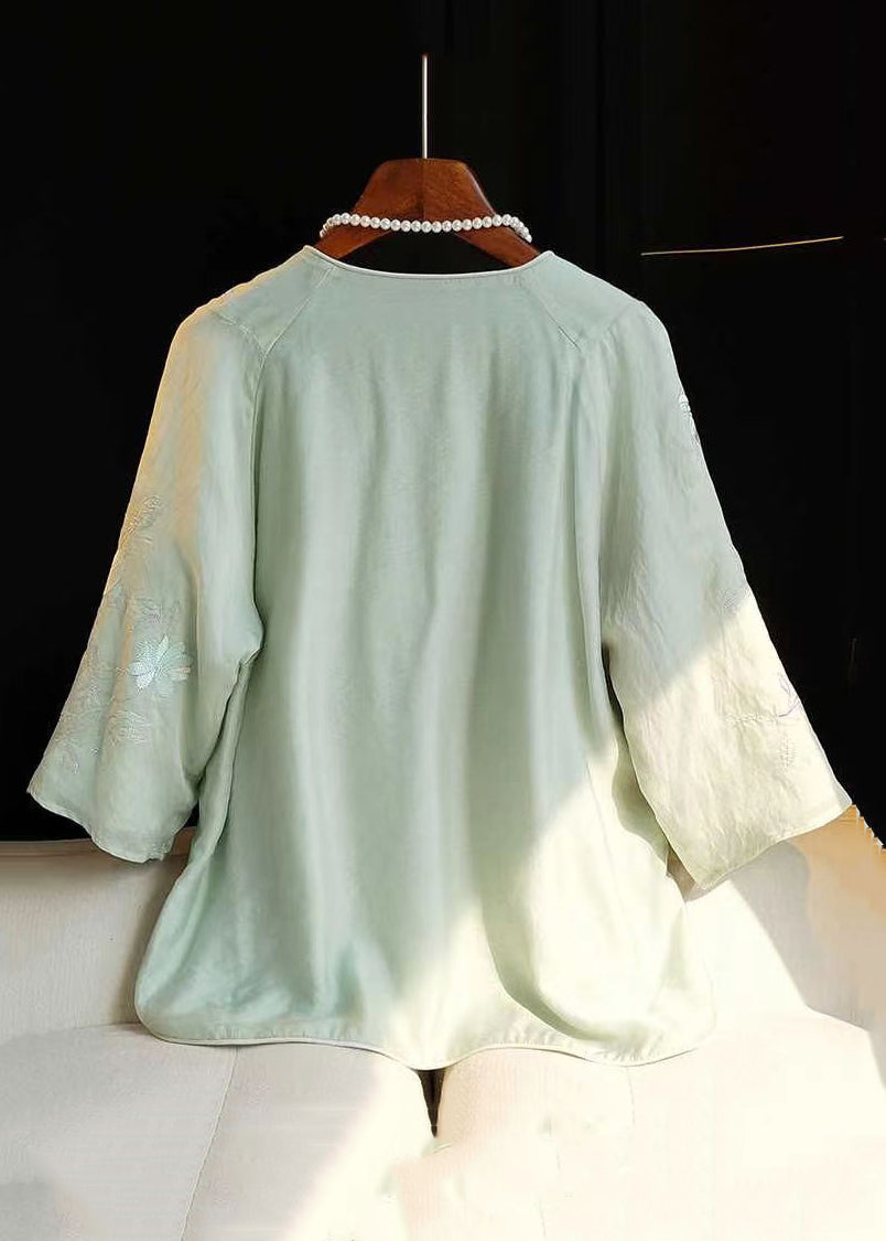 Green Embroidered Side Open Linen Shirt Bracelet Sleeve