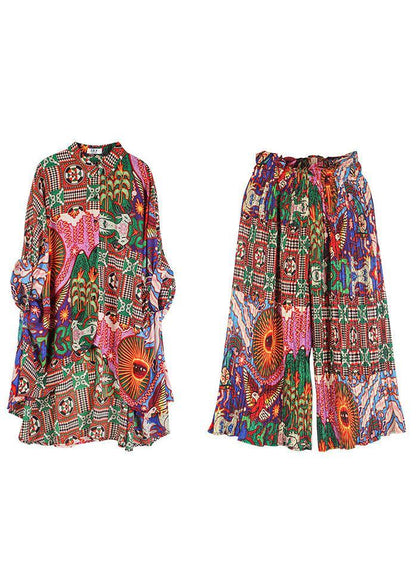 Print Animal Peter Pan Collar Button Fall Two Pieces Set Half Sleeve