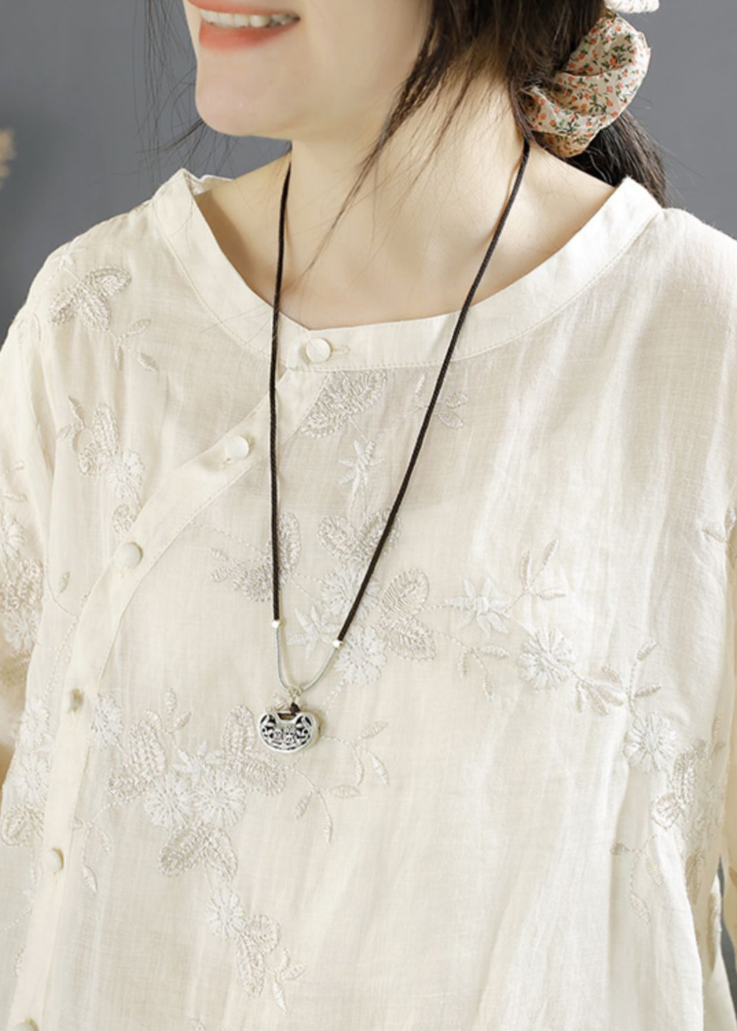 Beige Embroideried Button Linen Shirt Top Fall