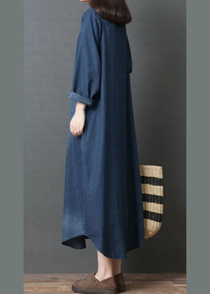 Handmade Blue Peterpan Collar Pockets Patchwork Fall Denim Long Sleeve Dresses