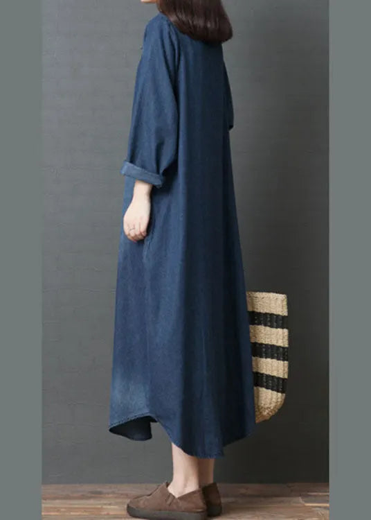 Handmade Blue Peterpan Collar Pockets Patchwork Fall Denim Long Sleeve Dresses
