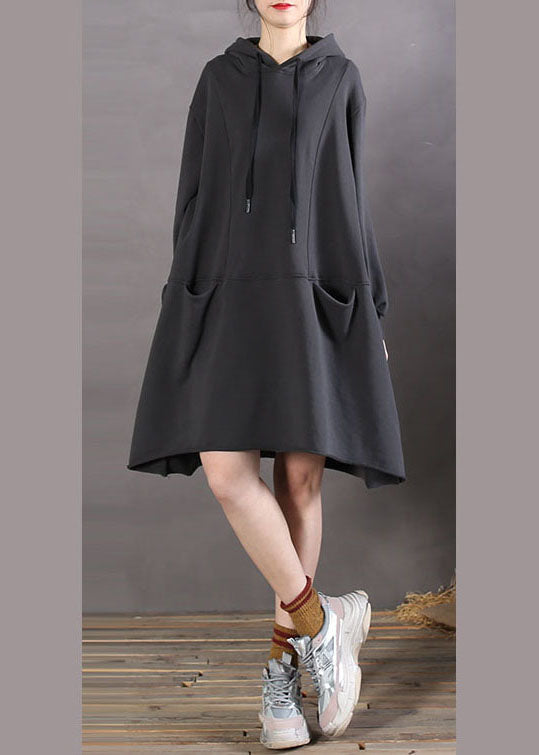 Black Hooded Patchwork Cotton Sweatshirts Spring Dress