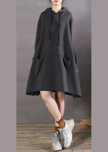 Black Hooded Patchwork Cotton Sweatshirts Spring Dress