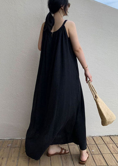 Stylish Black Wrinkled Linen Dress Sleeveless