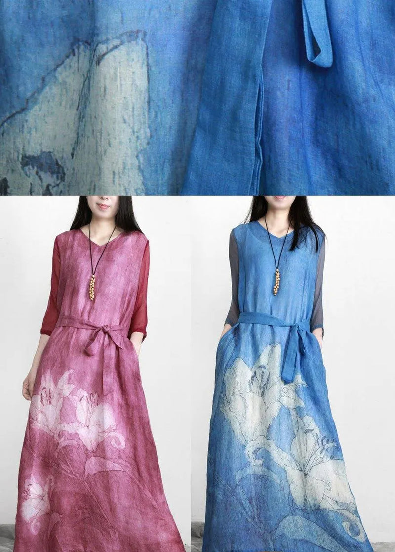 Art Blue Print Linen Tunic Patchwork Dress