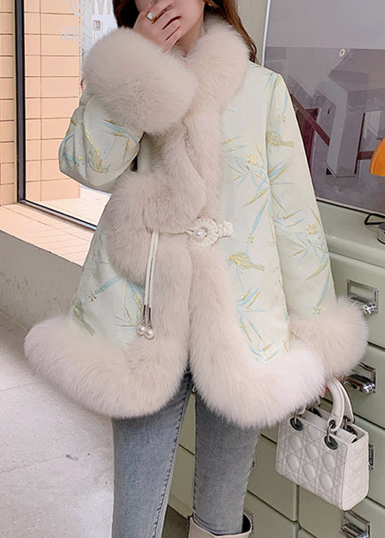 Beige Fox Collar Embroideried Leather and Fur Coats Winter