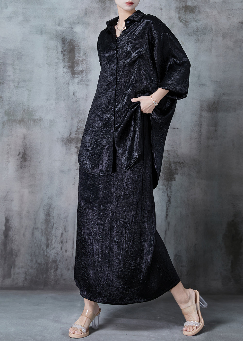 Black Silk Sets 2 Pieces Oversized Wrinkled Fall