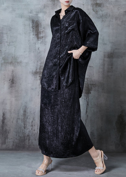 Black Silk Sets 2 Pieces Oversized Wrinkled Fall