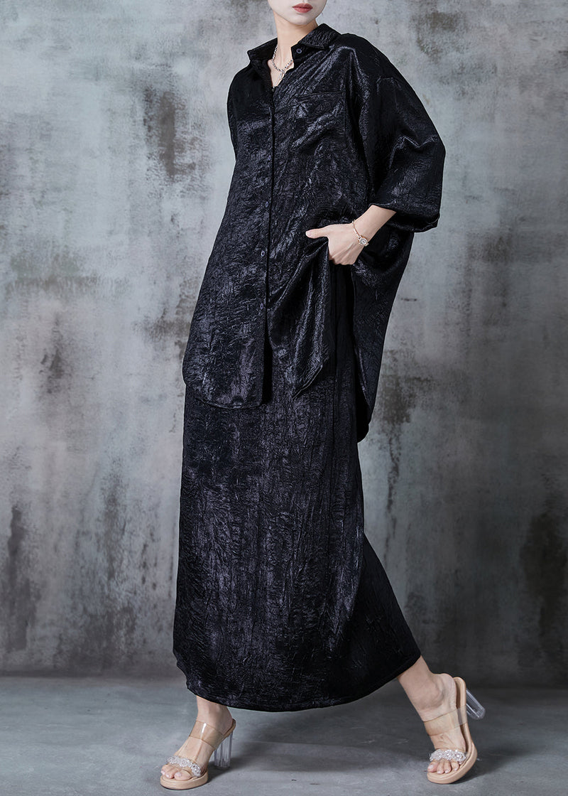 Black Silk Sets 2 Pieces Oversized Wrinkled Fall