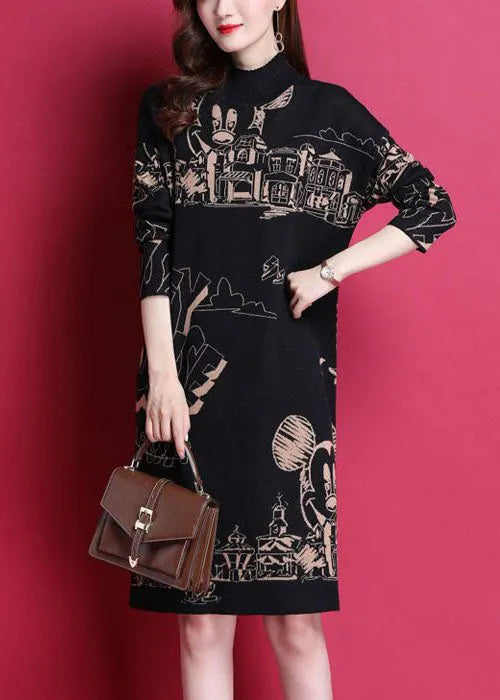 Black High Neck Print Thick Knit Holiday Dress Long Sleeve