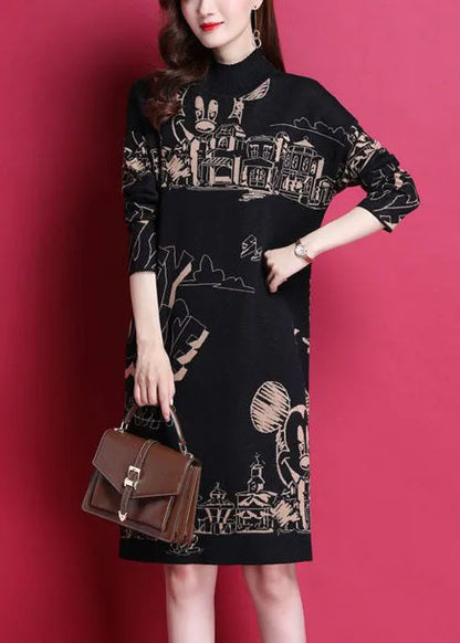 Black High Neck Print Thick Knit Holiday Dress Long Sleeve