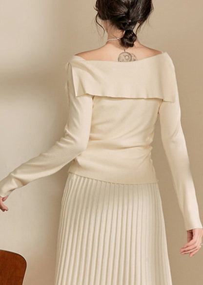 White Cold Shoulder Cotton Knit Sweaters Fall