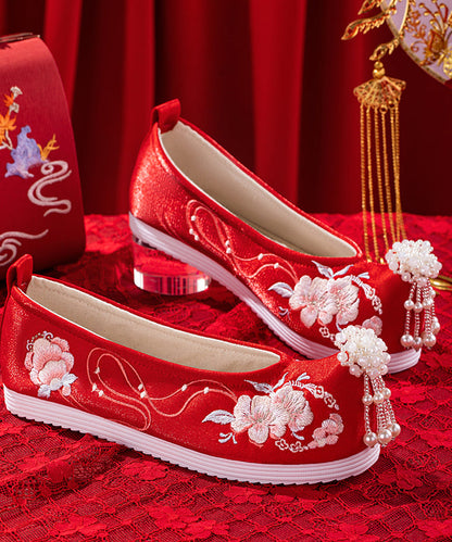 Wedding Flat Shoes for Red Embroideried Cotton Fabric