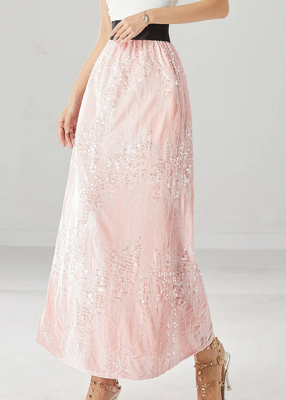 French Pink Sequins Silm Fit Silk Velour Skirts Winter